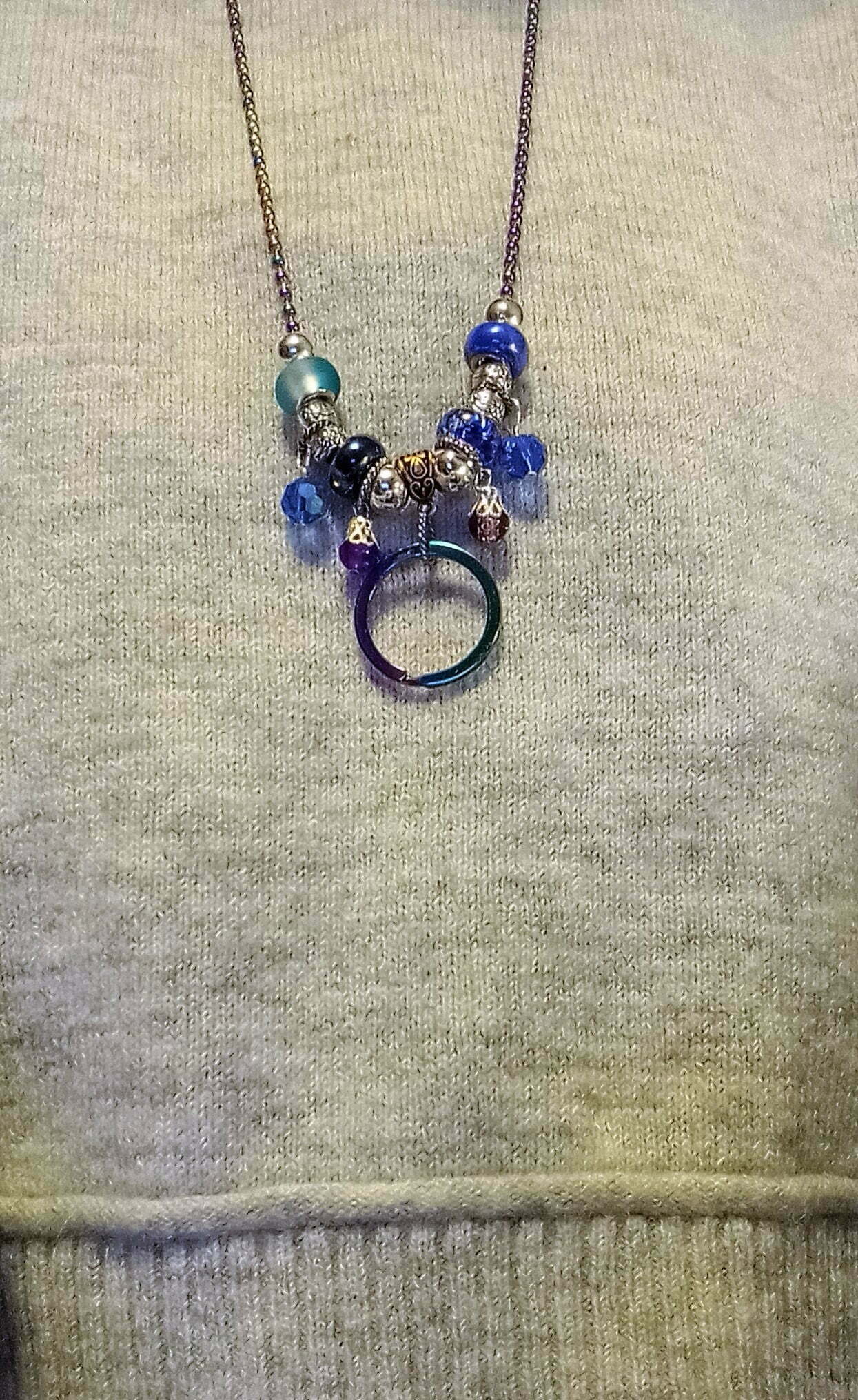 Blue beads and dangles, rainbow ring, silver ball chain